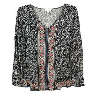 J. Jill Bohemian Long Sleeve Floral V-Neck Top Women's Size M Peasant Boho